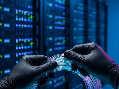 Technician in black gloves handling glowing fiber optic cables inside a high-tech server room data center