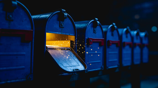 Glowing Open Mailbox Among Row of Blue Post Boxes At Night