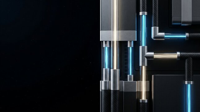 High tech computer liquid cooling system with glowing blue pipes and carbon fiber texture