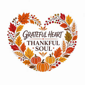 Grateful heart thankful soul text inside autumn heart wreath with pumpkins and fall leaves.