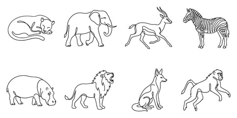 Fototapeta premium Collection of hand-drawn vector outline illustrations of various African wild animals in black and white style.