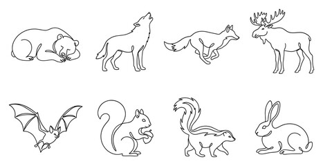 Fototapeta premium Collection of hand-drawn forest animals including a bear wolf fox moose bat squirrel skunk and rabbit.