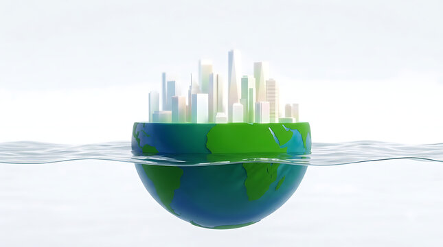 A bright and colorful conceptual image shows a modern city dramatically emerging from a partially submerged globe symbolizing environmental sustainability and a