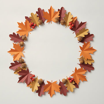Autumn wreath made of paper leaves and acorns
