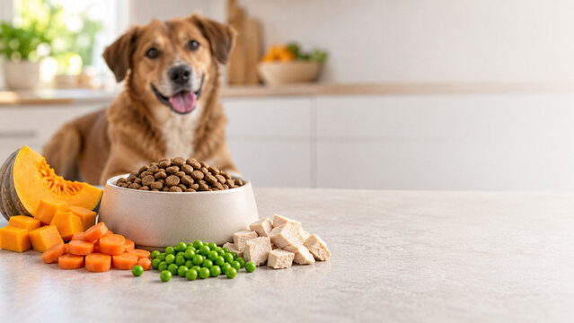 Healthy dog food bowl with fresh ingredients like pumpkin, carrots, peas and chicken