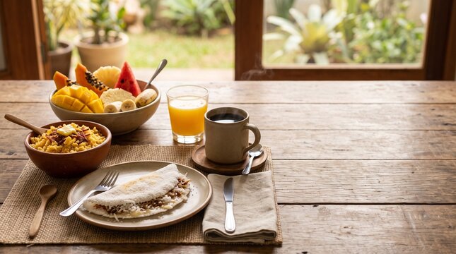 Traditional Brazilian Breakfast with Tapioca, Cuscuz, Fresh Fruit and Coffee on Wooden Table