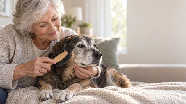 Senior woman brushing her senior dog at home on a cozy sofa