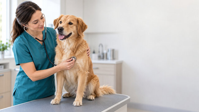Female Veterinarian Examining a Golden Retriever Dog with a Stethoscope in a Clinic