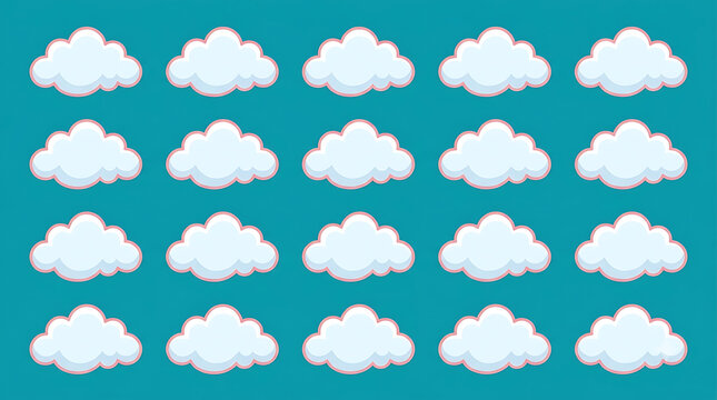 A repeating seamless pattern featuring soft fluffy white pixelated clouds set against a bright vibrant teal background ideal for digital design and