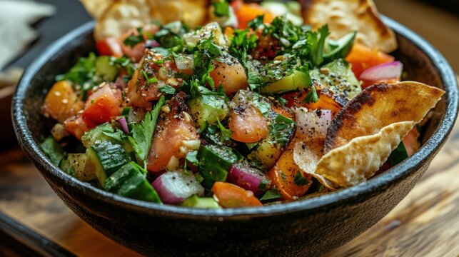 Middle eastern bread salad featuring toasted flatbread bits mixed with diced tomatoes, cucumbers, and herbs.