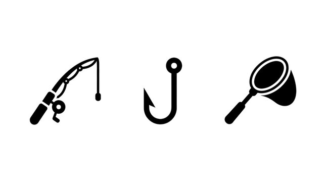 Black and white vector icons of fishing rod hook