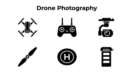 Fototapeta premium Set of black icons representing drone photography equipment