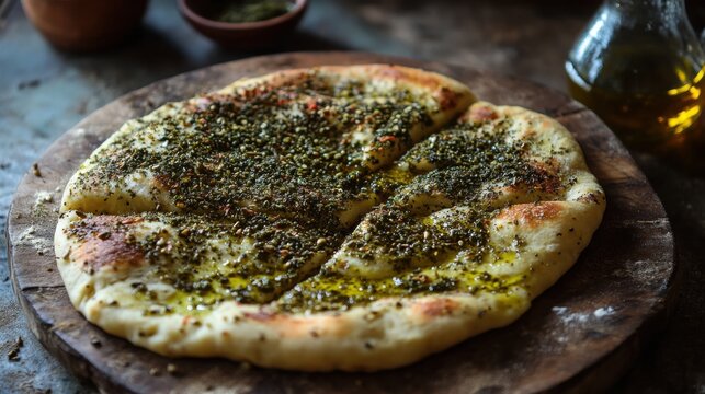 Flatbread topped with aromatic green zaatar herbs and olive oil lies on a rustic wooden cutting board.