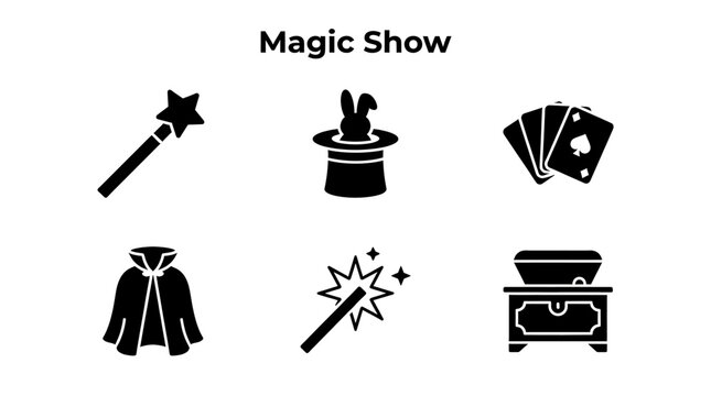 Set of black magic show icons on white background