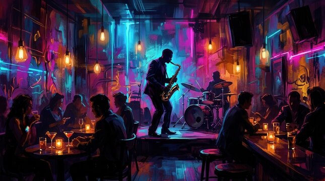 Shadowy figures engage in whispered conversations in a neondrenched, dimly lit jazz club with a saxophone performance.