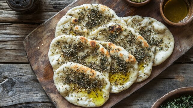 Manakish flatbreads topped with aromatic zaatar herbs and golden olive oil arranged neatly on a wooden serving board.