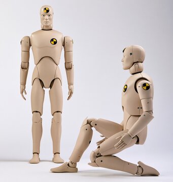 Two beige crash test dummies standing and kneeling
