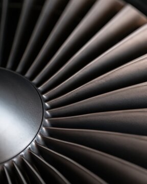 Close up of metallic aircraft engine fan blades