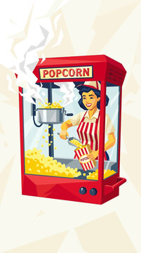 Smiling Woman Making Popcorn in Retro Machine