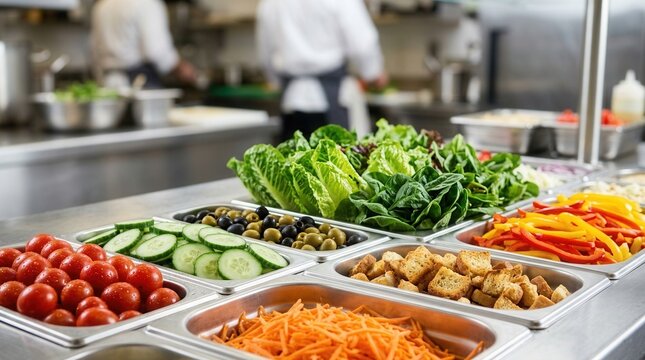 Vibrant greens and toppings in the foreground of a buffet salad bar closeup, featuring a softly out-of-focus background to emphasize freshness.