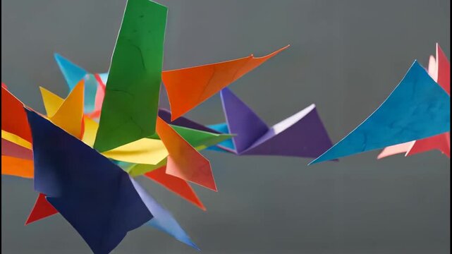 Colorful paper shapes swirling and tumbling in mid-air against gradient background