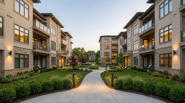 A photo of multifamily housing for rental purposes featuring two attached residential buildings.