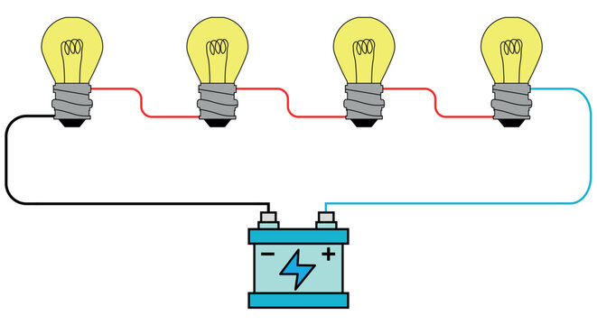 Battery Connected To FourLight Bulb With Wires Illustration Symbolizing Electricity And Energy Concept (Series Circuit)