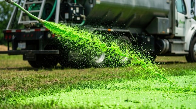 Liquid seed mixture being spread with hydroseeding equipment to create a vibrant green lawn, medium shot.