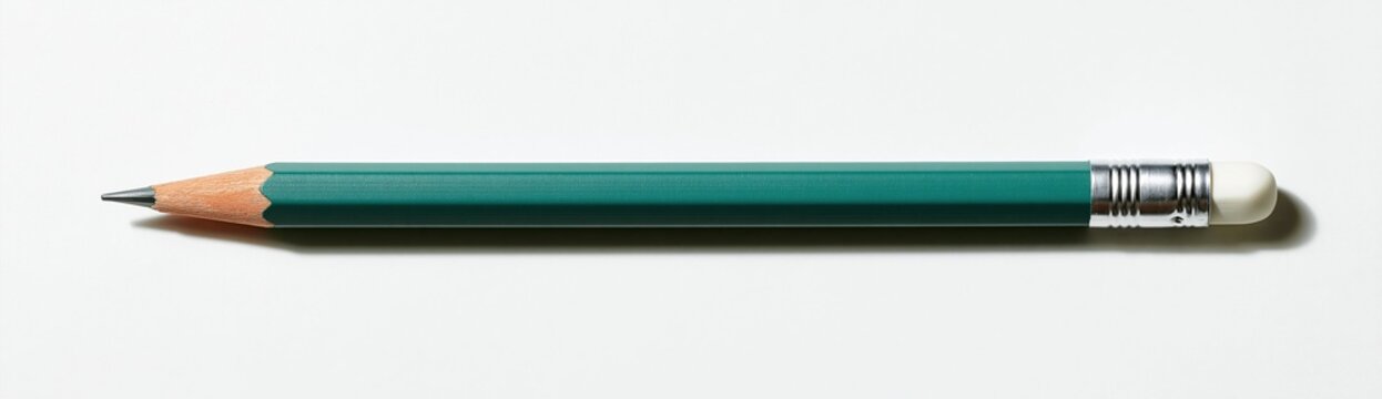 Green wooden pencil with eraser lying on white