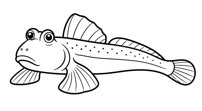 A simple black and white line drawing of a mudskipper fish for children to color in
