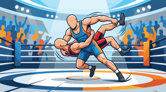 Action-packed vector illustration of two faceless male wrestlers engaged in a competitive grappling match within a sports arena ring, featuring a cheering crowd and bright stadium lighting.