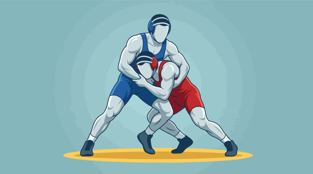 Vector illustration of two male wrestlers competing on a yellow mat, one in a blue singlet and the other in red gear, both wearing protective headgear in a dynamic grappling pose.