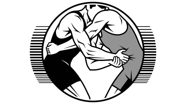 Vector illustration of two muscular male wrestlers grappling in a clinch position, stylized circular sports emblem with monochrome tones and striped background for tournament logo design.