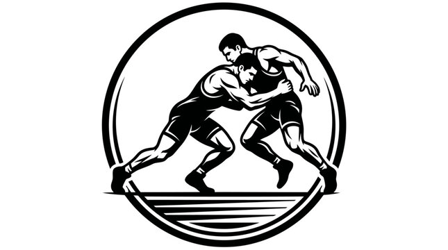Black and white vector illustration of two male wrestlers grappling in a profile view within a circular emblem, depicting a competitive athletic match on a white background.