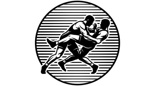 High-contrast black and white vector illustration of two male wrestlers engaged in a grappling match within a circular frame with horizontal line patterns on a white background.