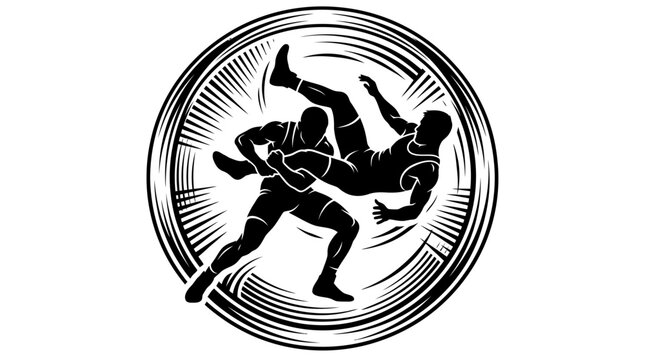 Vector illustration of two wrestlers in a dynamic takedown maneuver inside a stylized circular frame. High-contrast black and white graphic depicting athletic competition and strength.