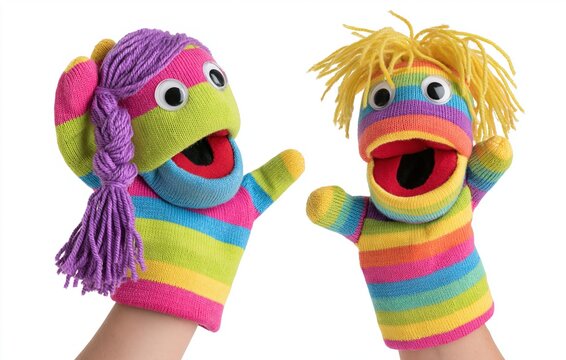 Colorful striped sock puppets with yarn hair on