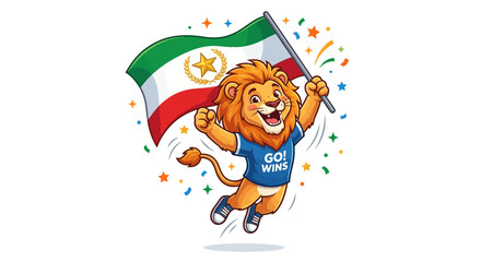 Naklejka premium Cartoon Lion Character Waving Flag, Celebrating Victory