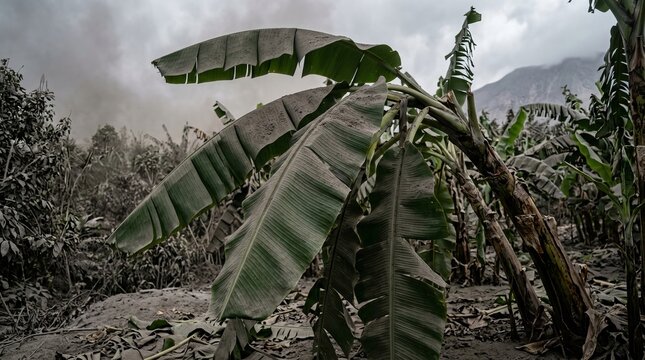 Close-up Photography of Tropical Leaves Covered in Fine Volcanic Ash and Dust