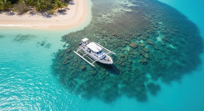 White catamaran boat anchored in shallow turquoise waters near a sandy tropical island reef
