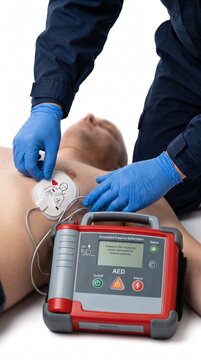 Emergency Responder Using AED Defibrillator During First Aid Intervention
