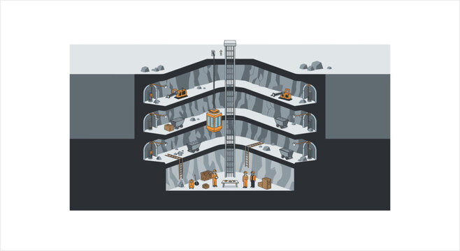 Cross section of a multi-level underground bunker with living spaces.