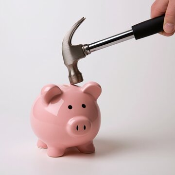 Hand hitting pink piggy bank with hammer