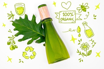 Obraz premium A green glass bottle with a wooden cap rests beside an oak leaf on a white background, surrounded by hand drawn organic and eco themed doodles.