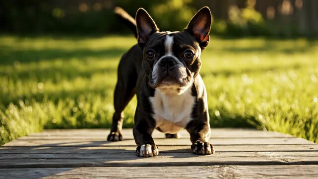 Small black and white Boston Terrier dog walking on a wooden boardwalk in a green grassy backyard during golden hour sunset with warm backlighting and soft bokeh background.
