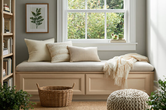 Bench with storage drawers and cozy cushion in a sunlit living room featuring neutral home decor and window seating