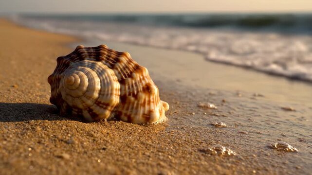 Close-up of a brown and white patterned spiral seashell resting on wet golden sand as sea foam from a gentle wave washes up against it during a warm sunset at the beach.