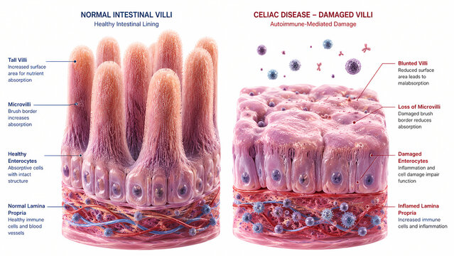 Educational medical diagram comparing normal intestinal villi and damaged villi in celiac disease