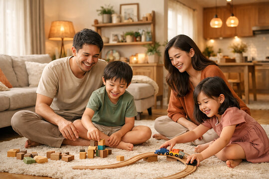 Happy Asian Family Playing with Wooden Blocks and Toy Train in Living Room