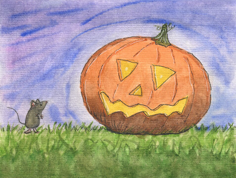 Cute mouse looking up at a carved jack-o'-lantern. Halloween illustration.